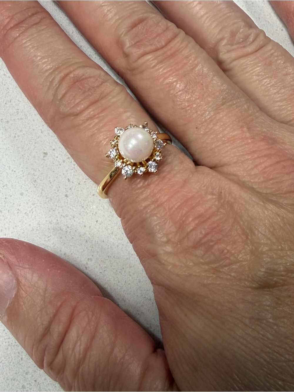 GoldOro Elegant Faux Pearl and AAA CZ Halo Ring